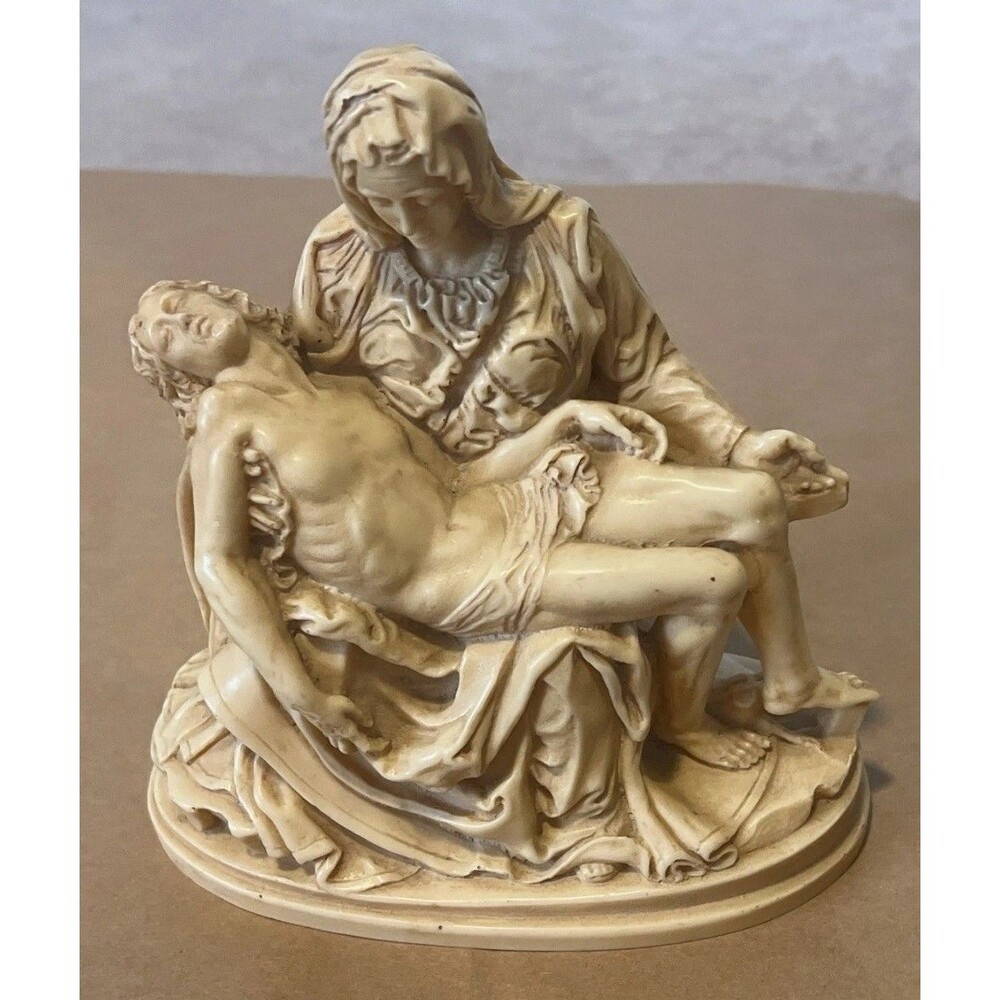 Vintage PIETA Michelangelo IVORY Statue 6.5” Mary & Jesus Figurine marked ROMAN